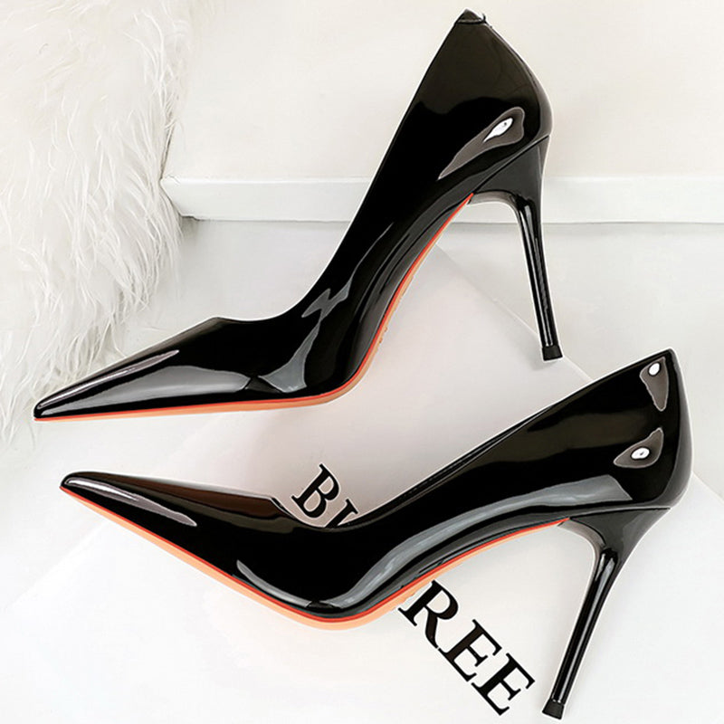 Women 9.5cm High Heels Pumps Wedding Bridal Classic Scarpins High Stiletto Heels Lady Nude Black White Glossy Leather Prom Shoes