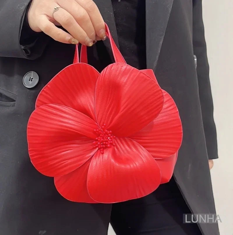 3D Floral Soft PU Leather Women Small Bucket Handbag Wedding Purse Dress Party Evening Bridal Clutch Bag