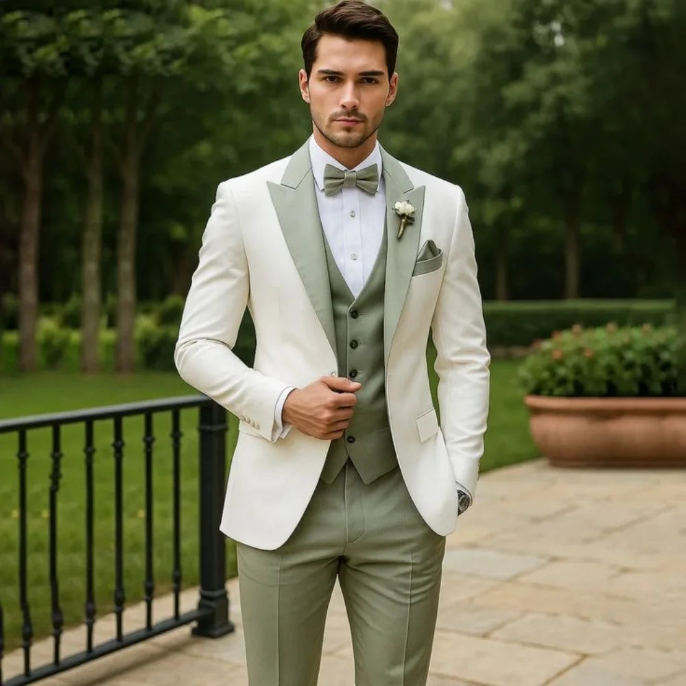 3 Pieces Wedding Tuxedo for Groom Sage Green Slim Fit Formal Men Suits Elegant Blazer Vest Pants Set for Prom Party Ceremony