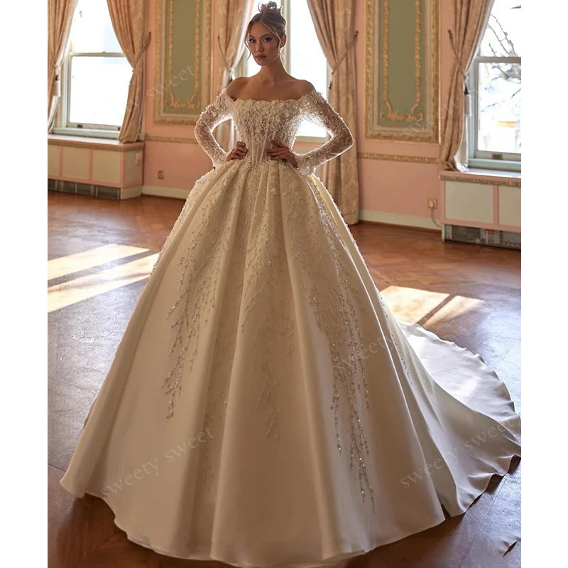Boat Neck Full Sleeve Taffeta Ball Gown