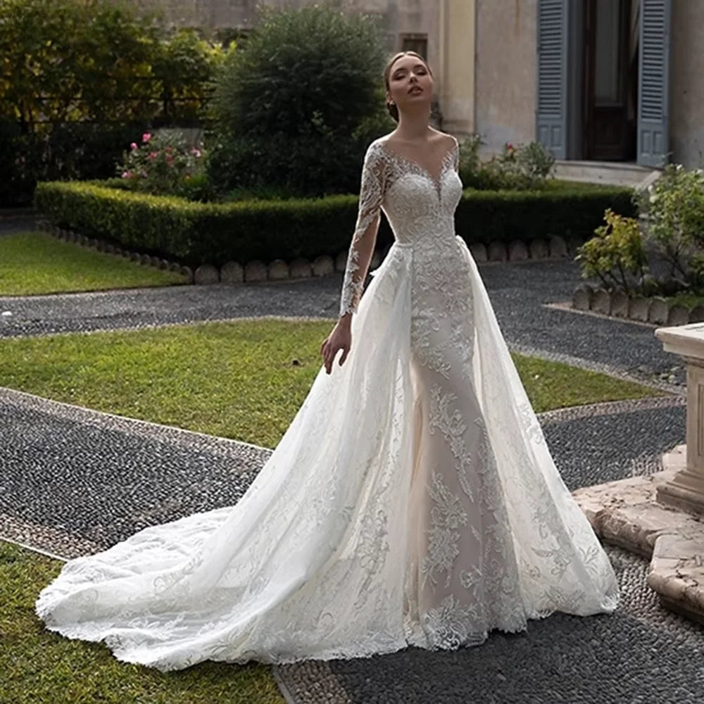 Customized Luxury Mermaid Wedding Dress  O-neck Long Sleeve Tulle Backless Bridal Gown Detachable Trailing Marriage Dress