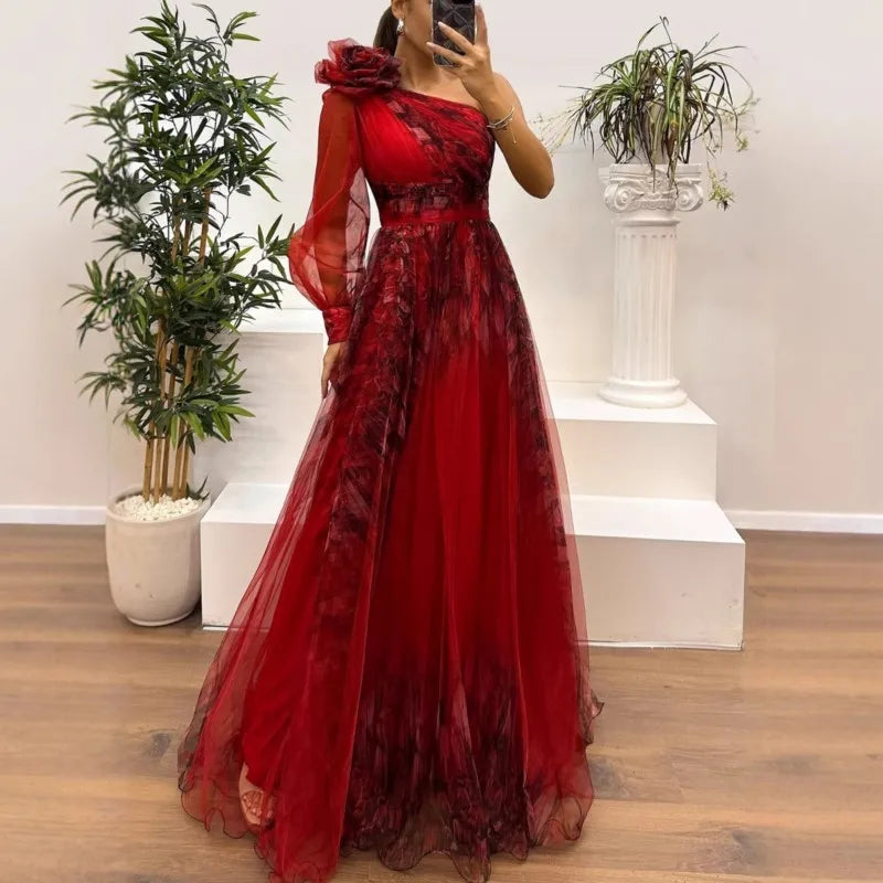 Women's Wedding Dress Spring Autumn New Sexy Off-shoulder Mesh Print Slit Casual Loose Party Prom Dresses For Women Robe Femal