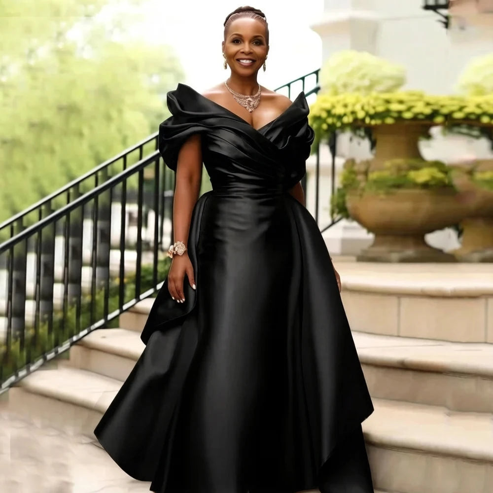 Satin Mother of the Bride Dresses Overskirt Off Shoulder Floor Length Wedding Guest Evening Party Anniversary Dress Customized