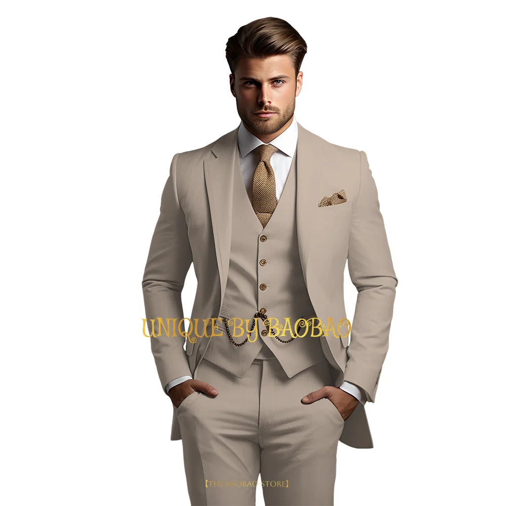 Men's Grey 3-Piece Suit (Jacket + Vest + Trousers) Elegant Classic Wedding Attire, Custom Banquet Birthday Party Tuxedo