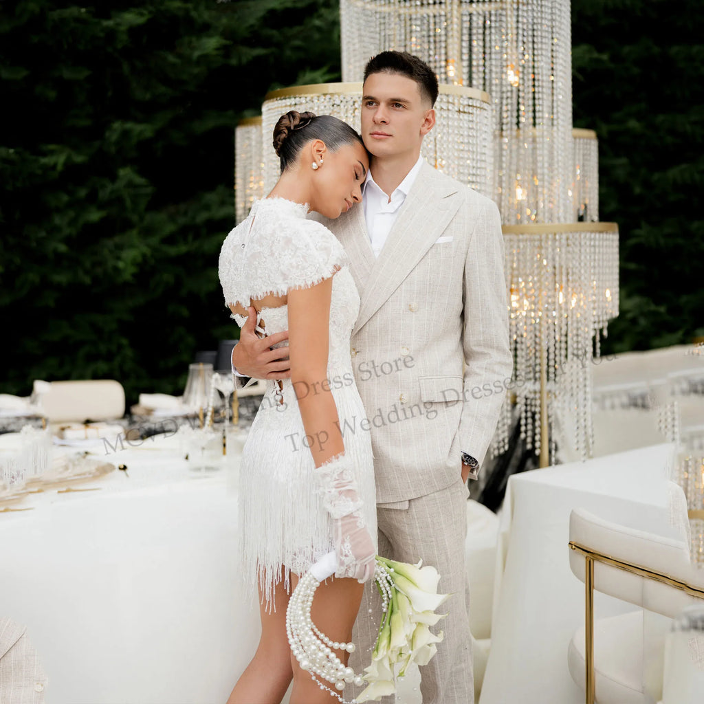 Fringe Mini Wedding Dress with Lace Corset