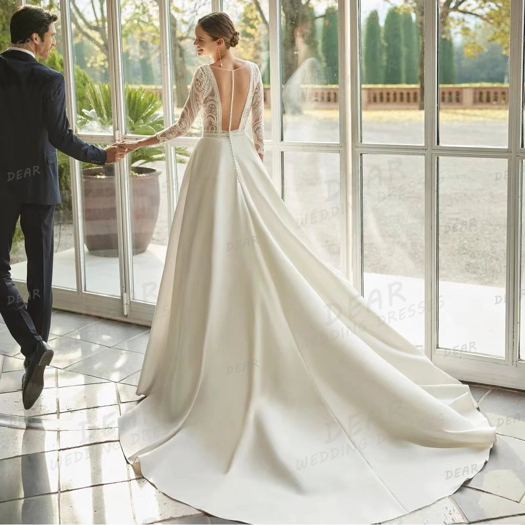 V-Neck Long Sleeve Backless Satin Wedding Dress