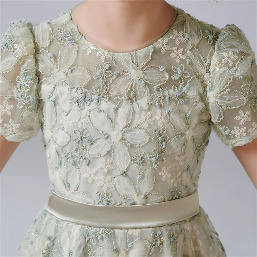 Rhinestone Floral Lace Puff-Sleeve Flower Girl Dress