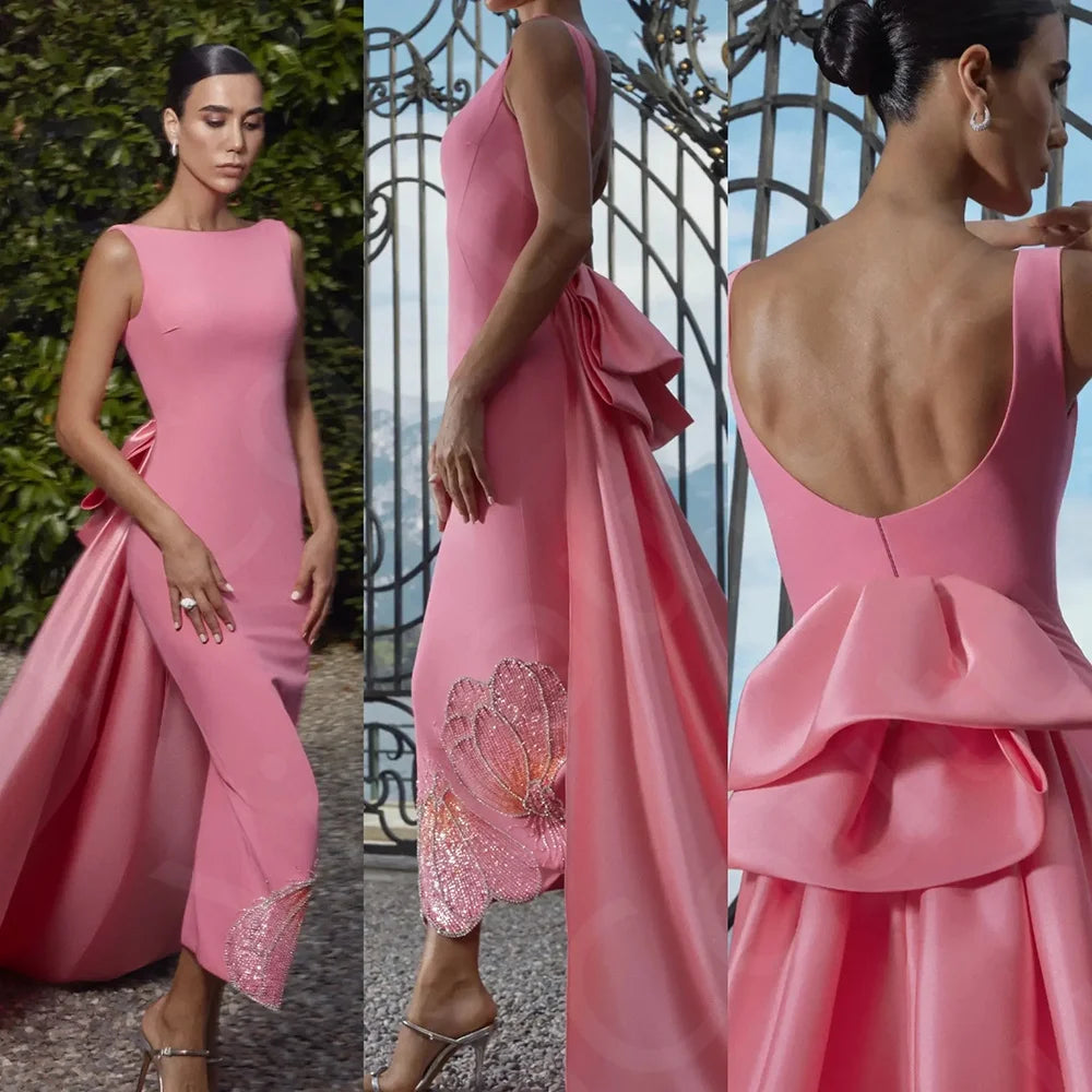 Customized Latest Pink Evening Dresses  Prom Gowns High Low with Train Beading Wedding Party Dresses Back Out Sleeveless