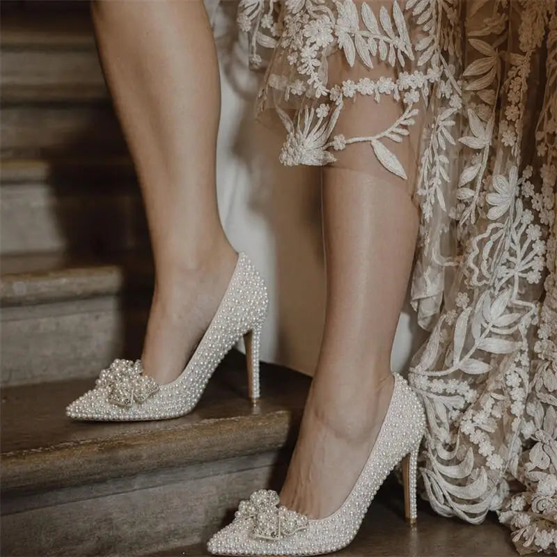Onlymaker Women Pointed Toe White Bridal Pumps Slip-On Pearl Crystal 11CM Thin Heels Party Wedding Bride Stiletto Shoes