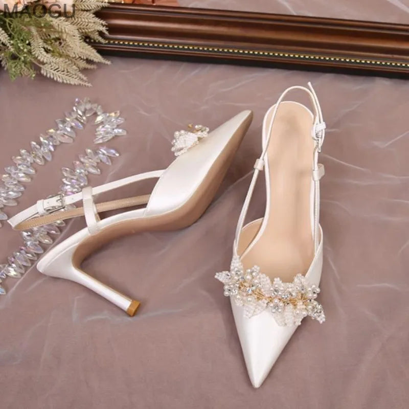 Pearl Rhinestone Pointed Toe Stiletto Heel Sandals Satin Bridal Wedding Shoes Elegant Evening Party Women's Shoes White Heels