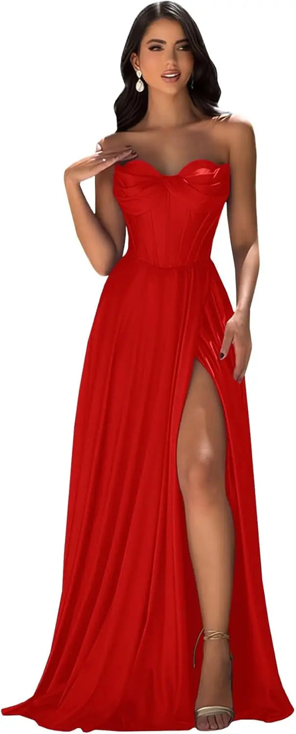 Chicbridal Women's Strapless Prom Dress Satin A-Line Long Ball Gown Sweetheart Corset Formal Dress with Pockets And Side Slit