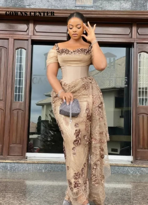 Fabulous Brown Lace Evening Dresses African Traditional Wedding Bride Dress Luxury Beads Lace Birthday Dress Asoebi Costomized