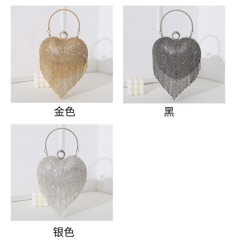 Heart Pattern Diamond Tassel Clutch