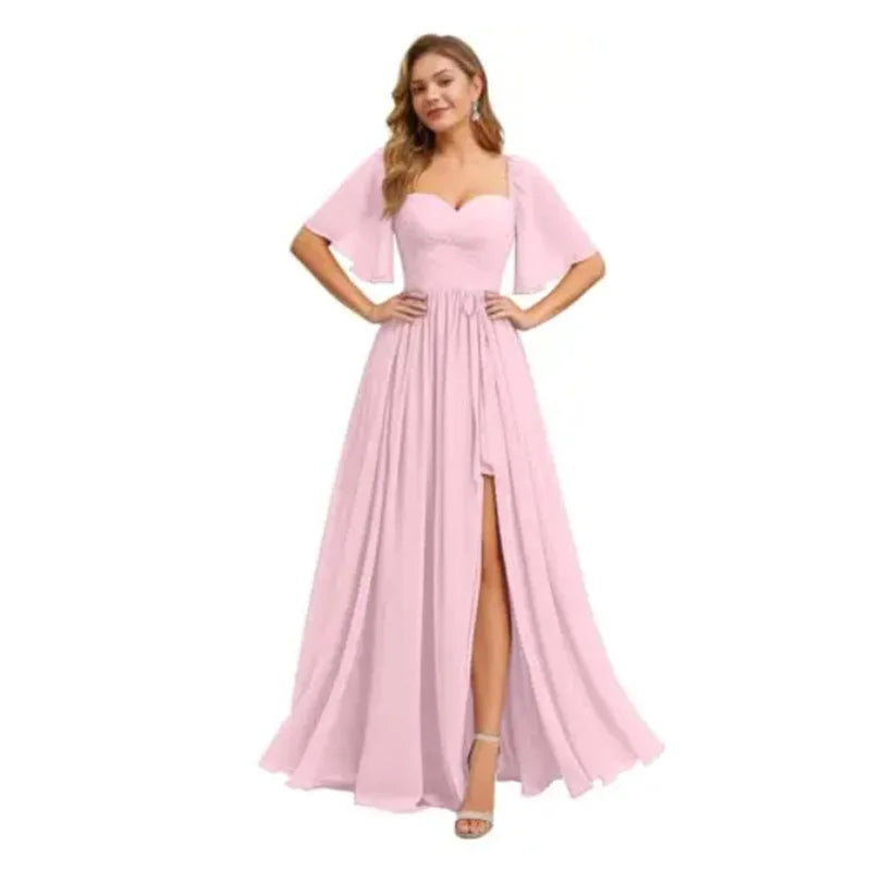 A Line Short Sleeve Chiffon Bridesmaid Dresses One Shouder Slit Pleat Elegant Wedding Party Formal Prom Evening Lace Up Back