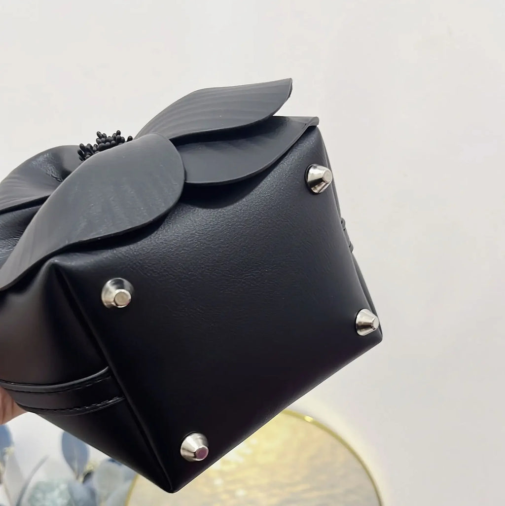 3D Floral Soft PU Leather Women Small Bucket Handbag Wedding Purse Dress Party Evening Bridal Clutch Bag