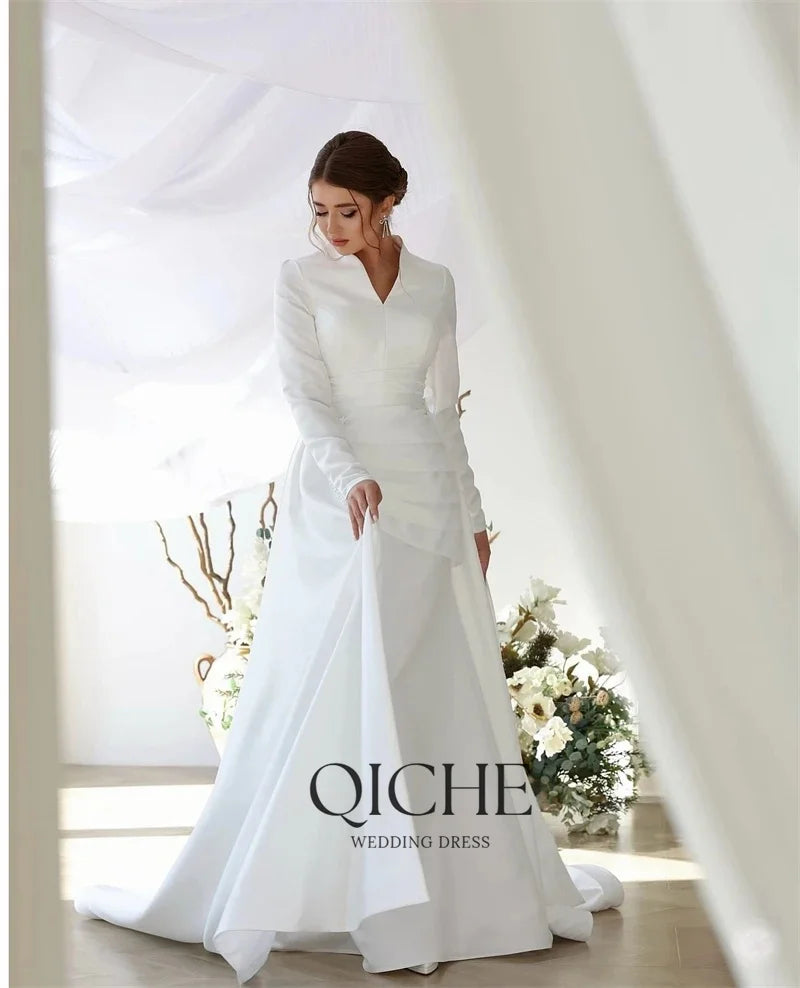 QICHE Modest Muslim Wedding Dresses Long Sleeve Luxury Floor Civil Bride Dresses Plus Customized 2026 Evening Prom Party Gowns