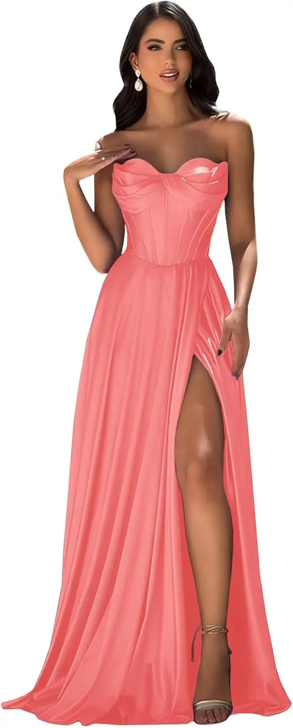 Chicbridal Women's Strapless Prom Dress Satin A-Line Long Ball Gown Sweetheart Corset Formal Dress with Pockets And Side Slit