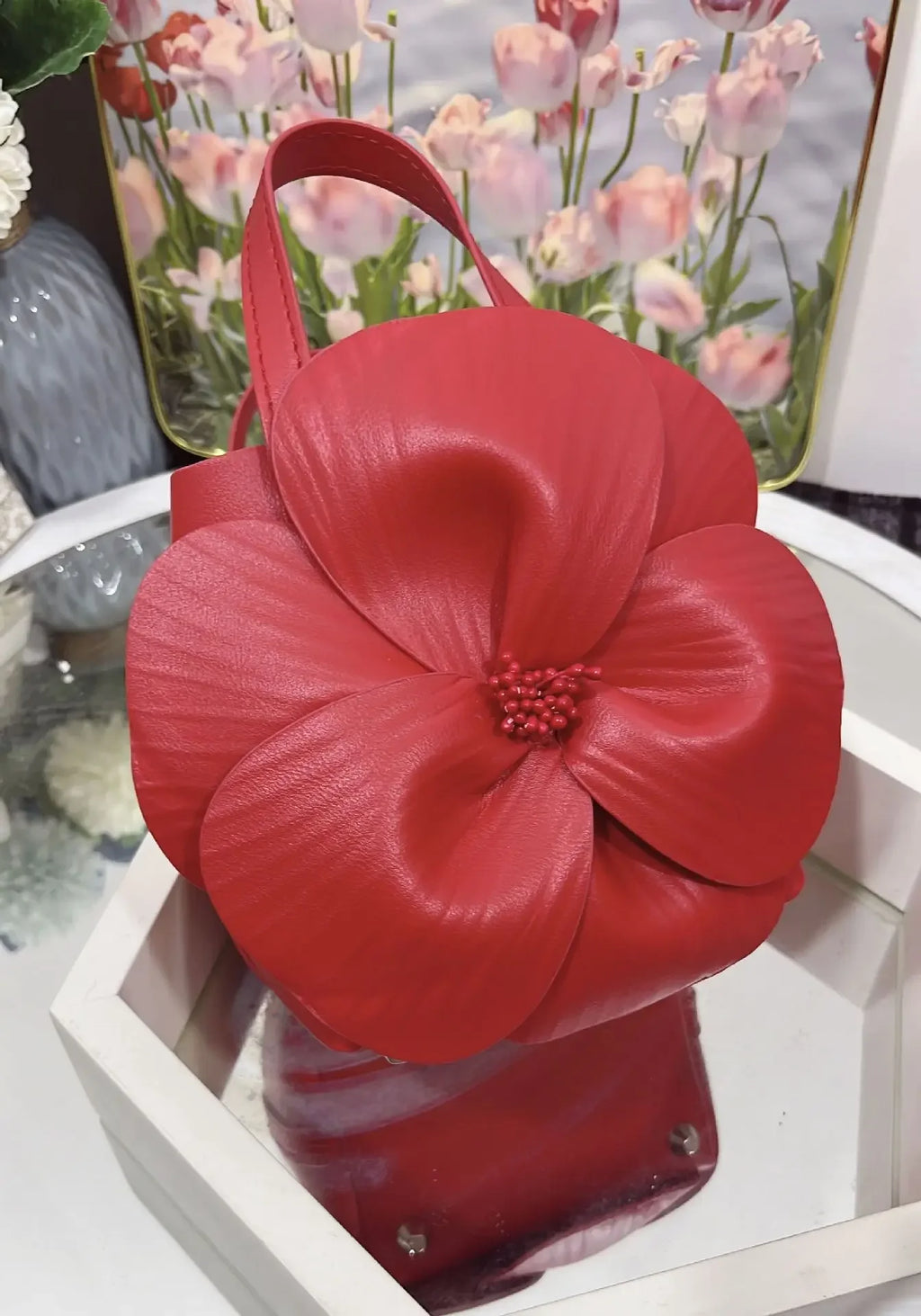 3D Floral Soft PU Leather Women Small Bucket Handbag Wedding Purse Dress Party Evening Bridal Clutch Bag
