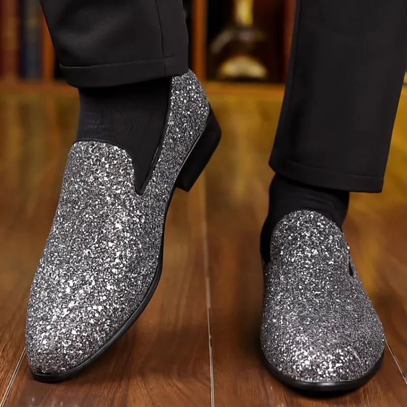 Men Formal Party Shoes New Luxury Loafers Men Gold Silver Sequin Wedding Shoe Fashion Designer Slip on Flats High Quality