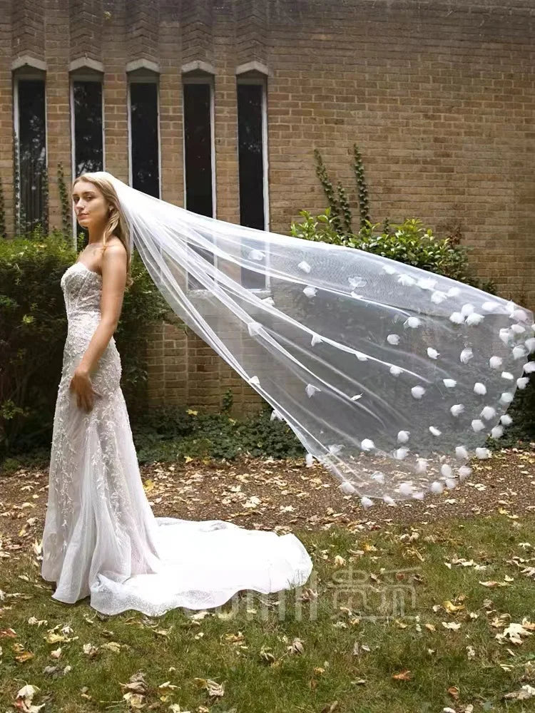 Ivory Bridal Veil Long Cathedral Wedding Veil 3D Flowers Floral Lace Petals Veil for Bride with Comb Velos De Novia