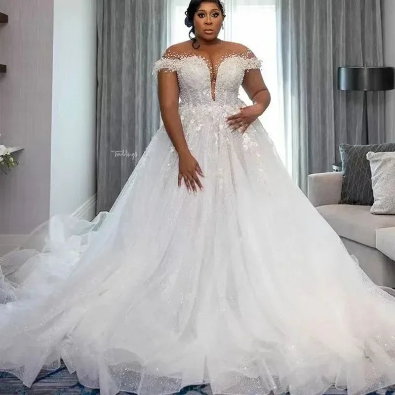 Customized Wedding Dress For Bride Sheer Neck Lace Up Back Major Beading Sequins Pearls Plus Size Women Africa Bridal Gowns