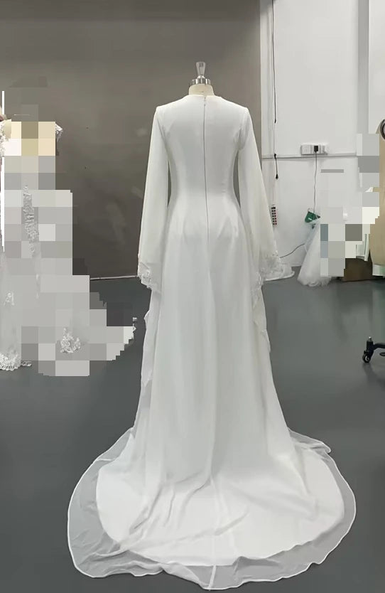 Eightale Arabic Wedding Dresses O-Neck Lace Mermaid Muslim Buttons White Ivory Customized Modest Bridal Gowns Vestidos De Novia