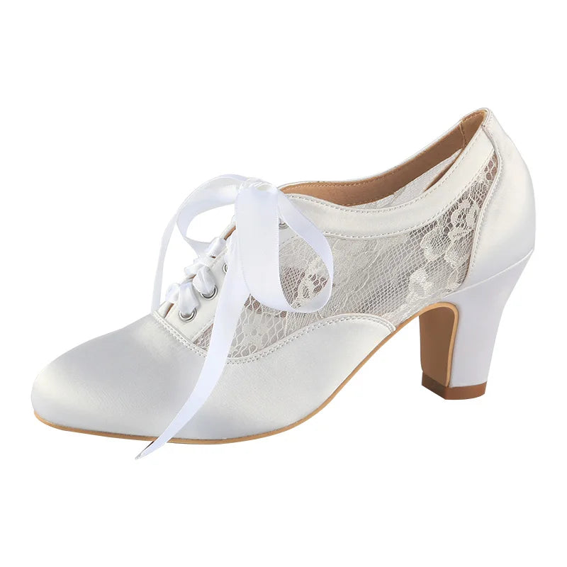 Customized Block Heels Bridal Shoes Boots Ivory Satin and Lace Ribbon Tie Wedding Boots for Dancing 7CM