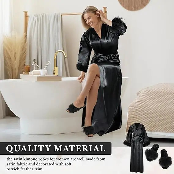 Long Satin Feather Trim Bridal Robe