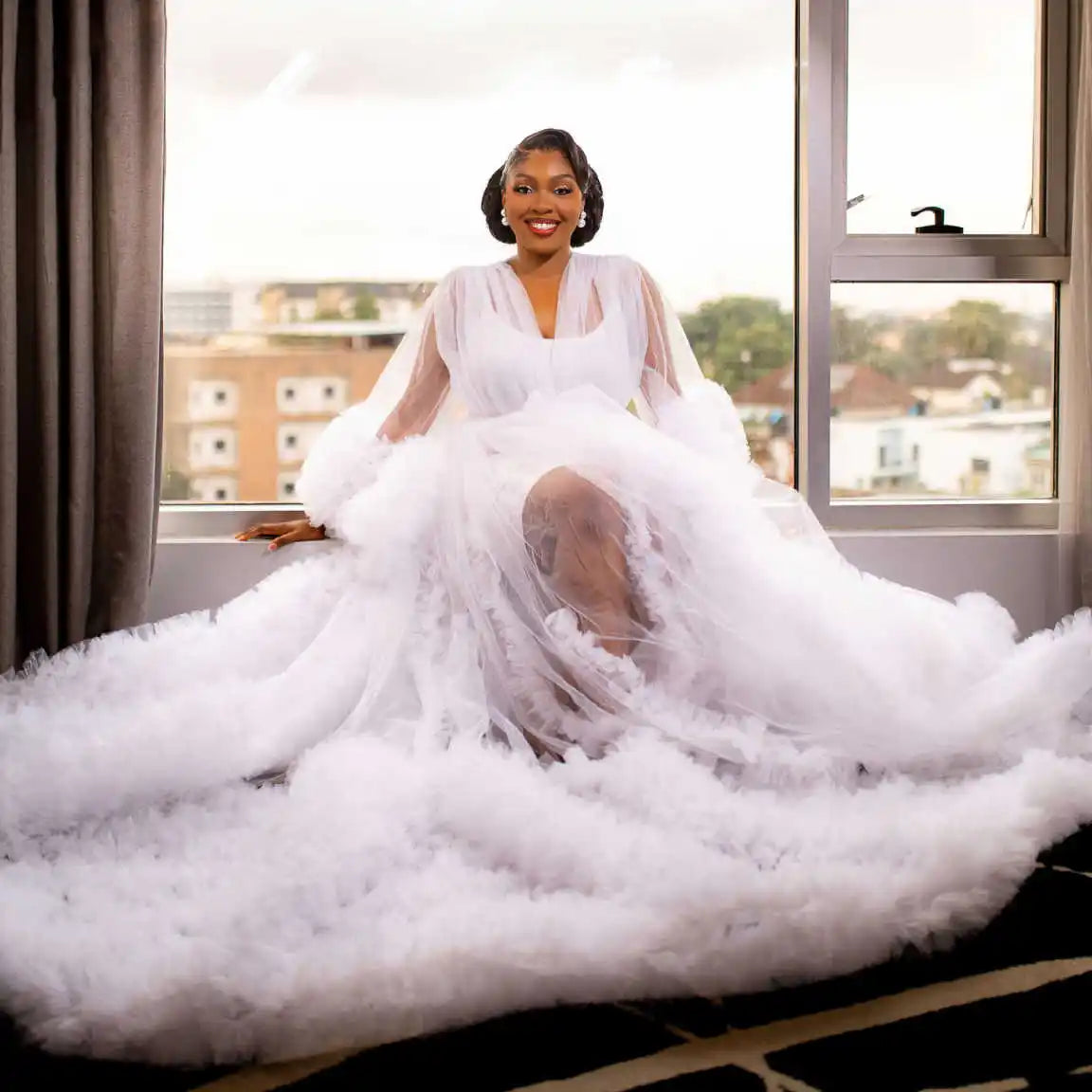 White Bridal Dress Ruffles Puffy Tulle Maternity Dresses for Photoshoot Women Bridal Robe Pregnancy Long Sleepwear Nightwear