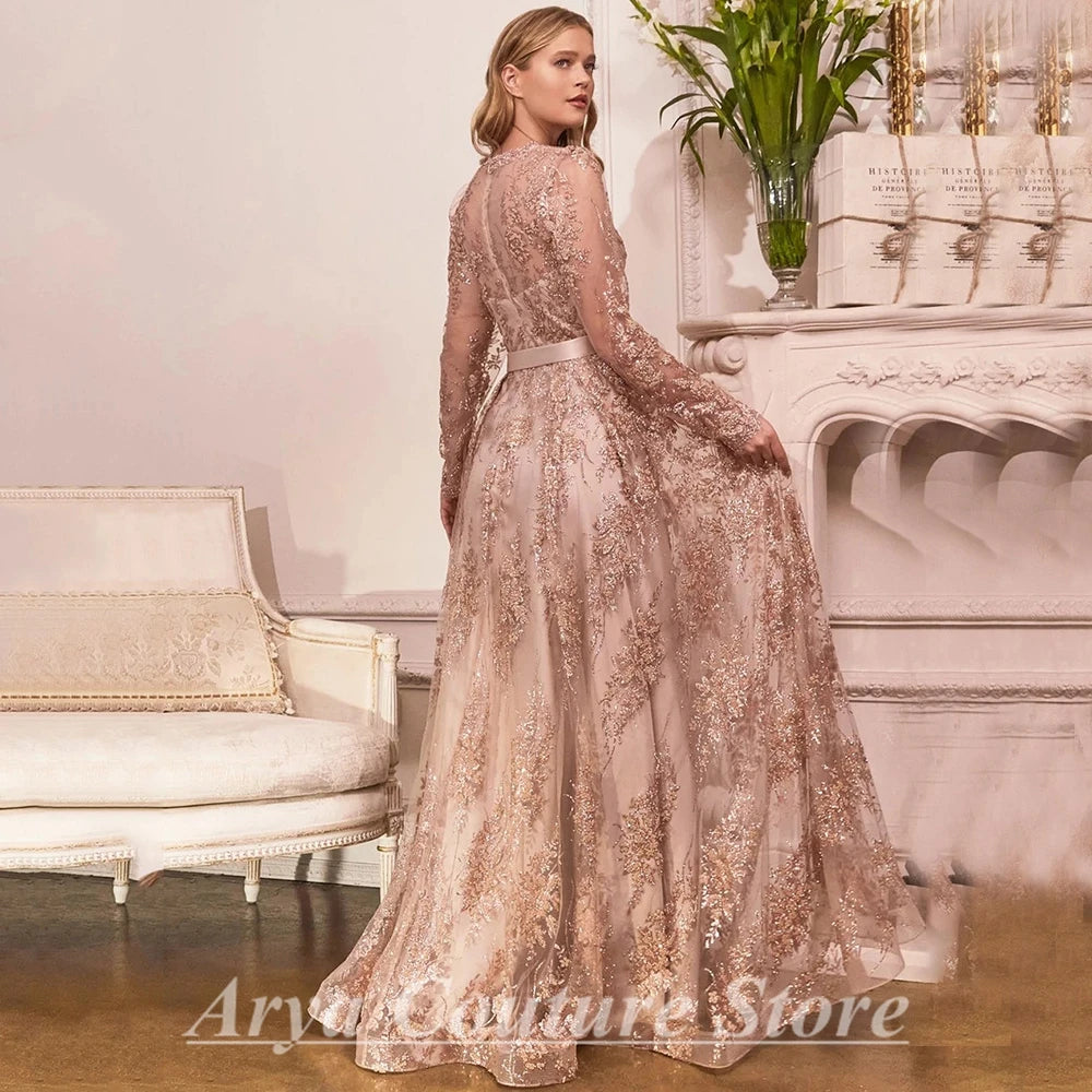 Elegant Rose Gold Mother of the Bride Dresses Bow Belt V-Neck Illusion Long Sleeve A-Line and Floor Length Banquet Mom Gowns