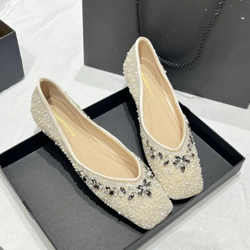 Luxury String Bead Rhinestone Brand Flat Shoes Women Comfort Square Toe Shallow Design Shoes Fashion Elegant Wedding Bridal Shoe