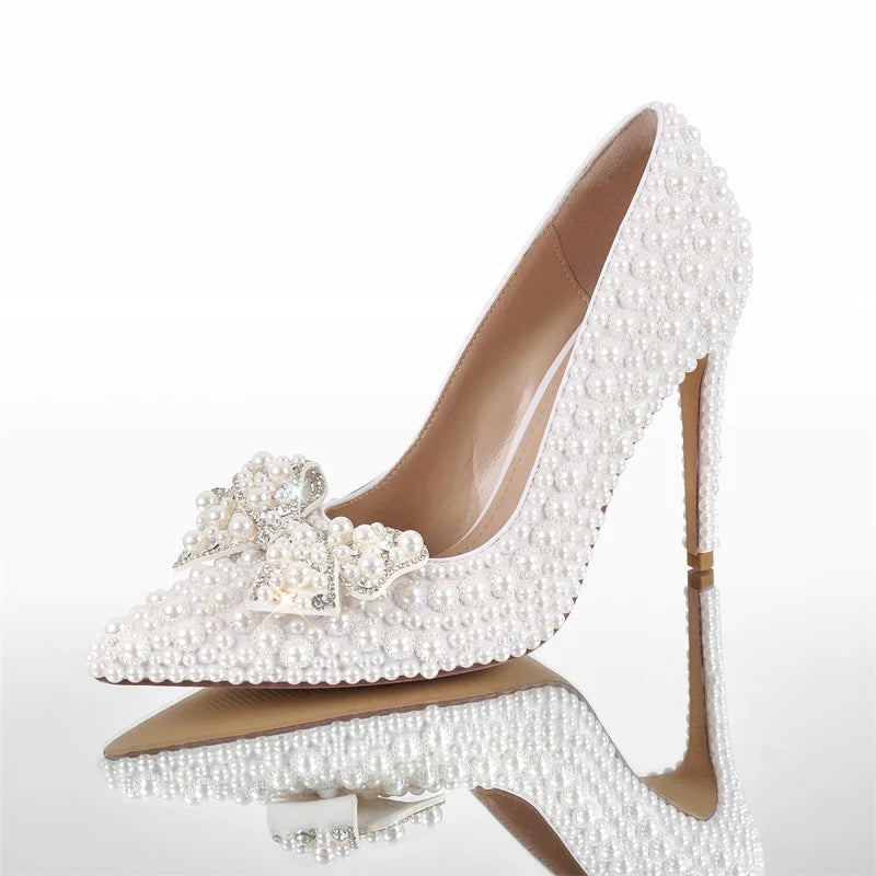 Onlymaker Women Pointed Toe White Bridal Pumps Slip-On Pearl Crystal 11CM Thin Heels Party Wedding Bride Stiletto Shoes