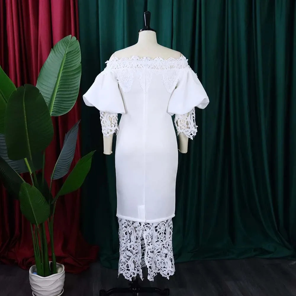 Off-Shoulder Lantern Sleeve Lace Sheath Dress
