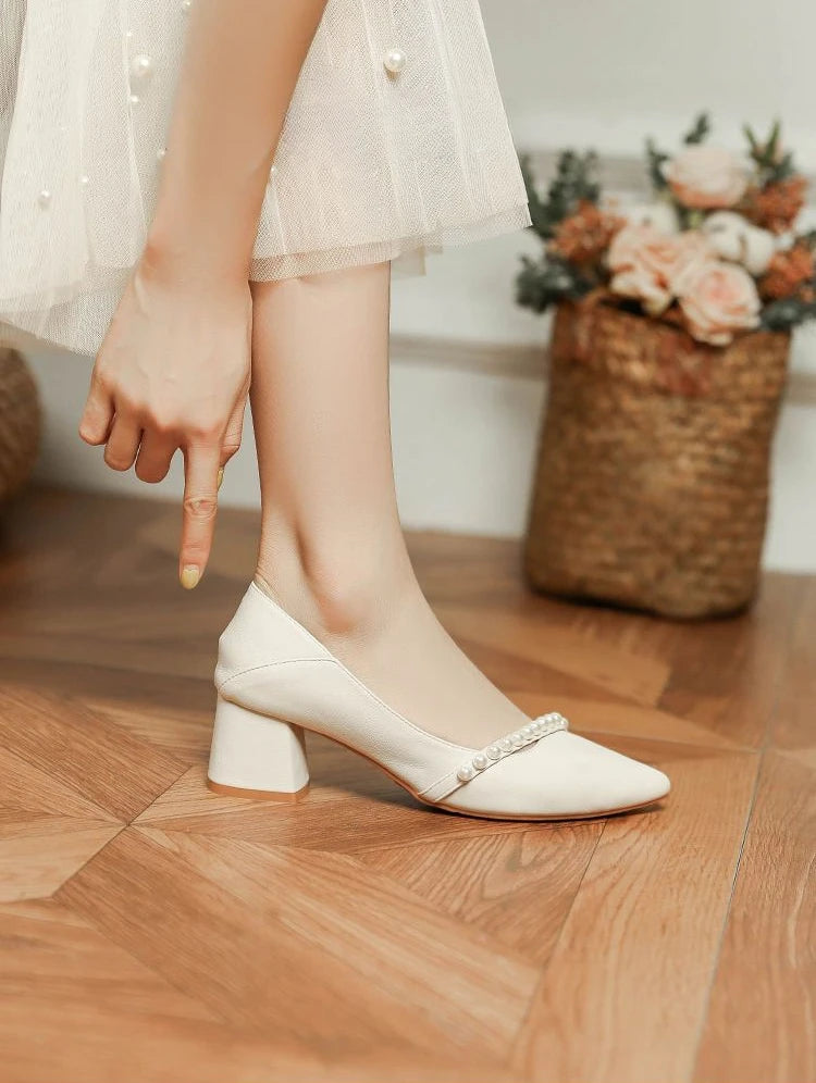 With Medium Heels Shoes for Women 2025 Wedding Bride Shoe White Ladies Summer Footwear Pearl Office Slip on Lastest Casual Trend