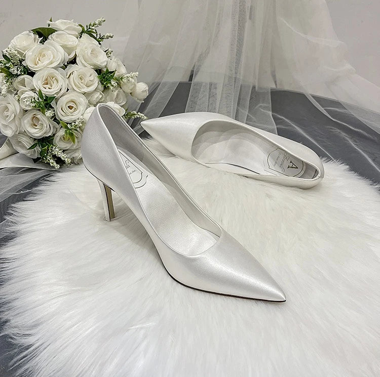 Pumps Women Shoes Wedding Shoes White High Heels Women's Satin Bridal Shoe Bridesmaid Shoes Large Size 42 43