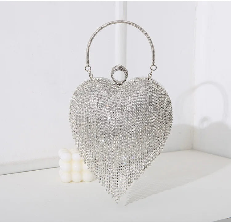 Heart Pattern Diamond Tassel Clutch