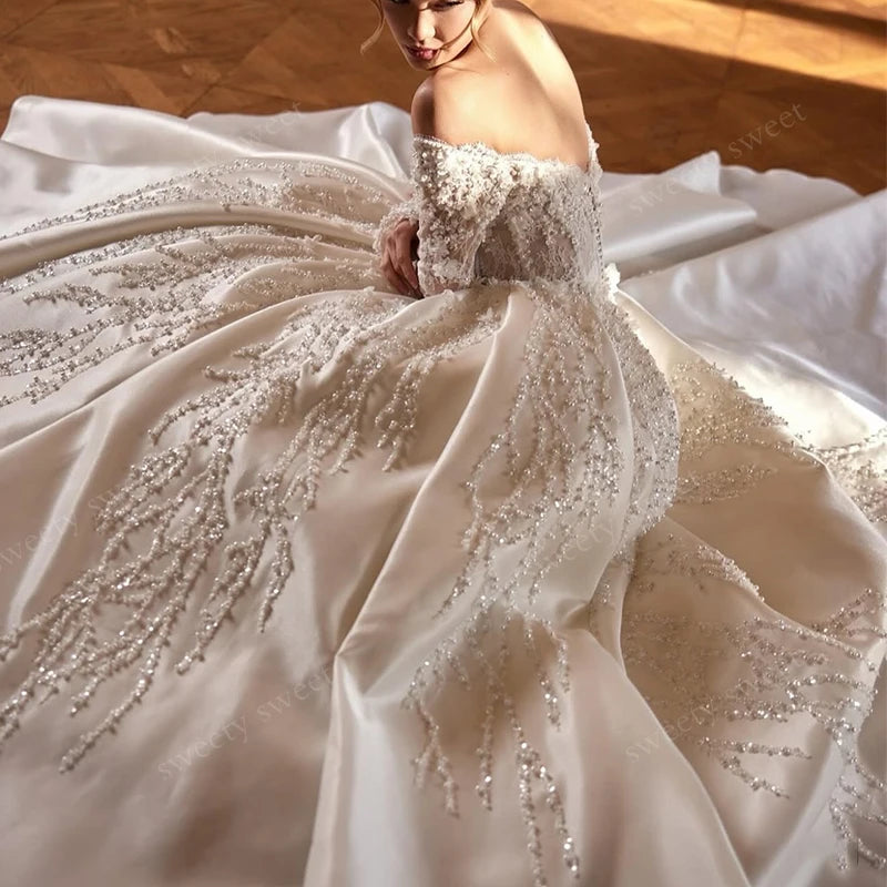 Boat Neck Full Sleeve Taffeta Ball Gown