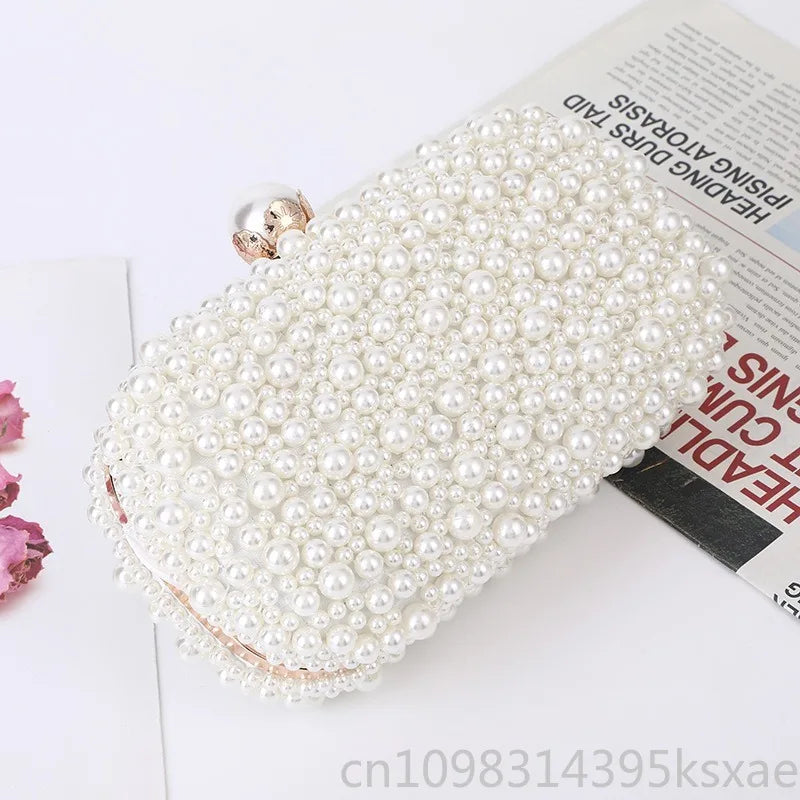Elegant Pearl Evening Shoulder Bag Soft Small Square Purse with Lock for Women Wedding Bridal Crossbody Party