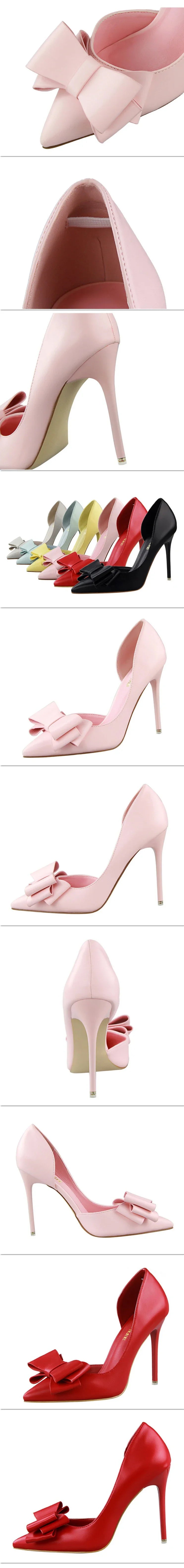 Spring Party Elegant Pink Butterfly-Knot High Heels Women Fashion Wedding Dress Pumps Side Hollowed Stiletto Shoes