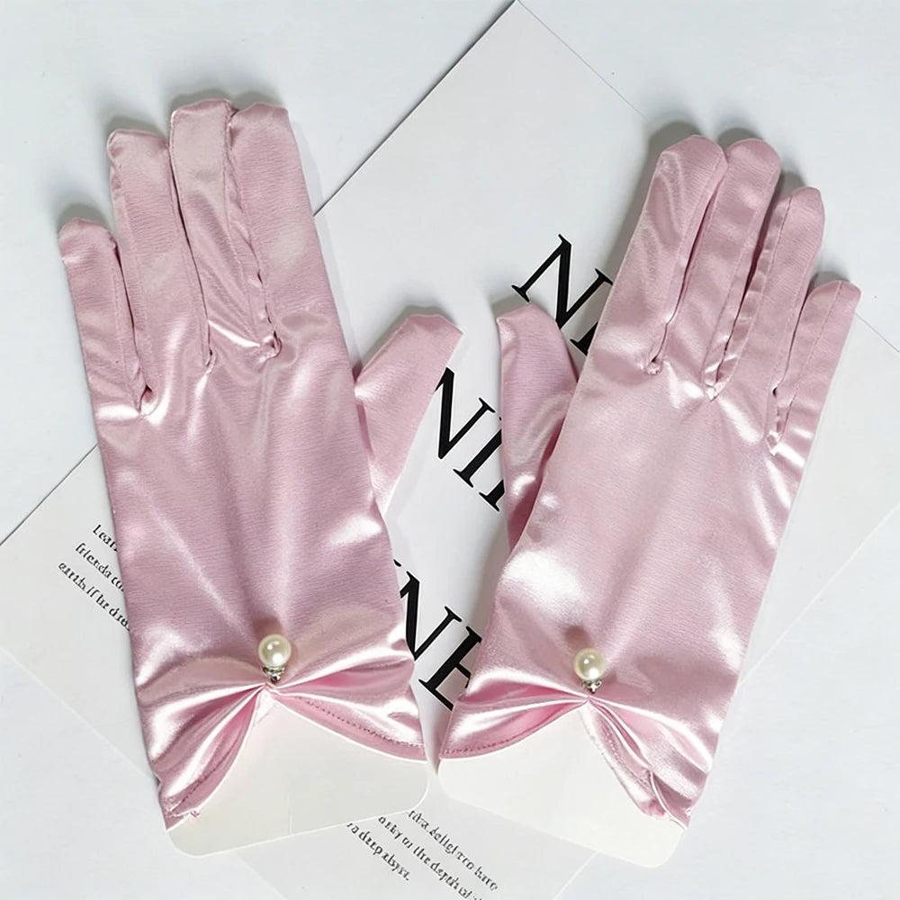 Short Satin Bridal Gloves with Pearls and Bows