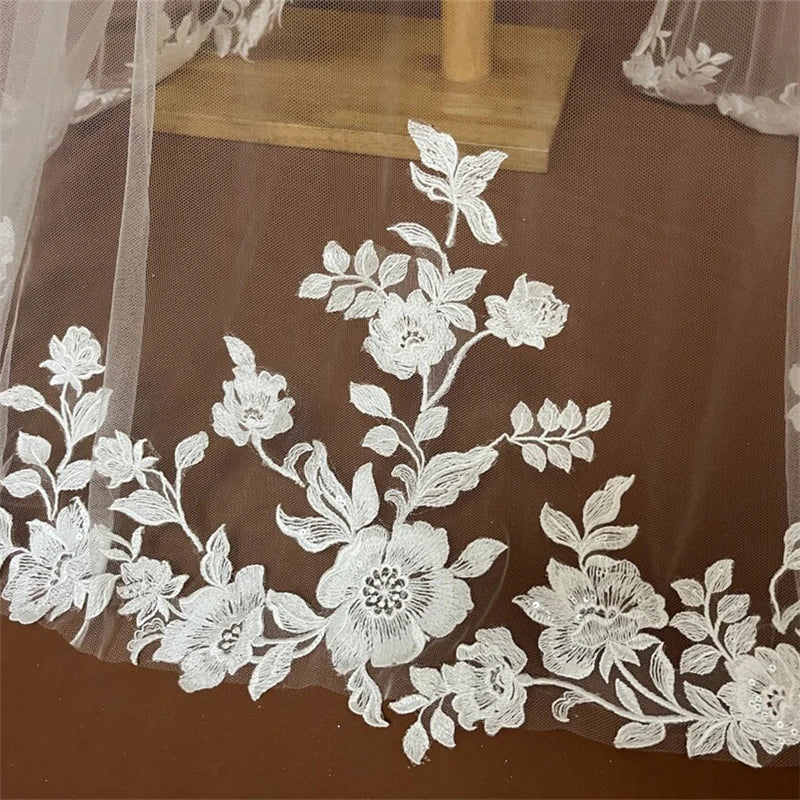 Full Lace Edge Mantilla Wedding Bridal Veils Cathedral Long Embroidered Ivory Tulle Floral Flowers Leaves Outdoor Church Brides