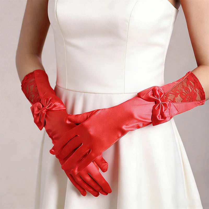 Bridal Satin Wedding Gloves with Medium Length Hollow Bow, Wedding Dress Etiquette and Photography Gloves