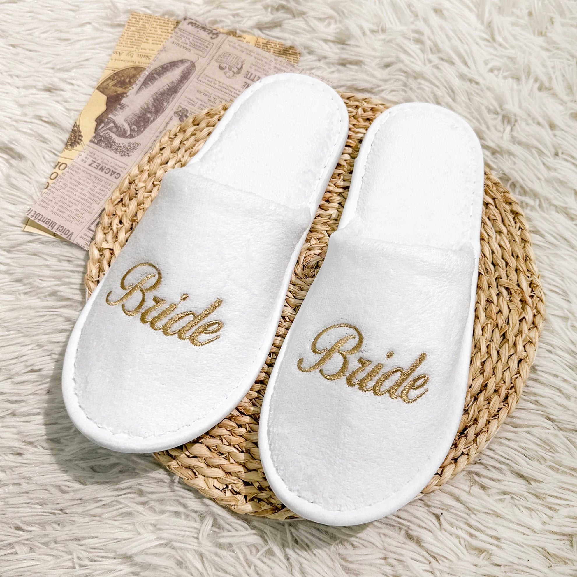 Bridal Party Slippers Set, Close-toe With Golden & Pink Embroidery, Lightweight Plush Cozy Flats, Non-slip Soft Sole For Bride