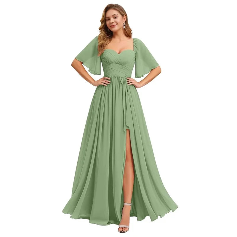 A Line Short Sleeve Chiffon Bridesmaid Dresses One Shouder Slit Pleat Elegant Wedding Party Formal Prom Evening Lace Up Back