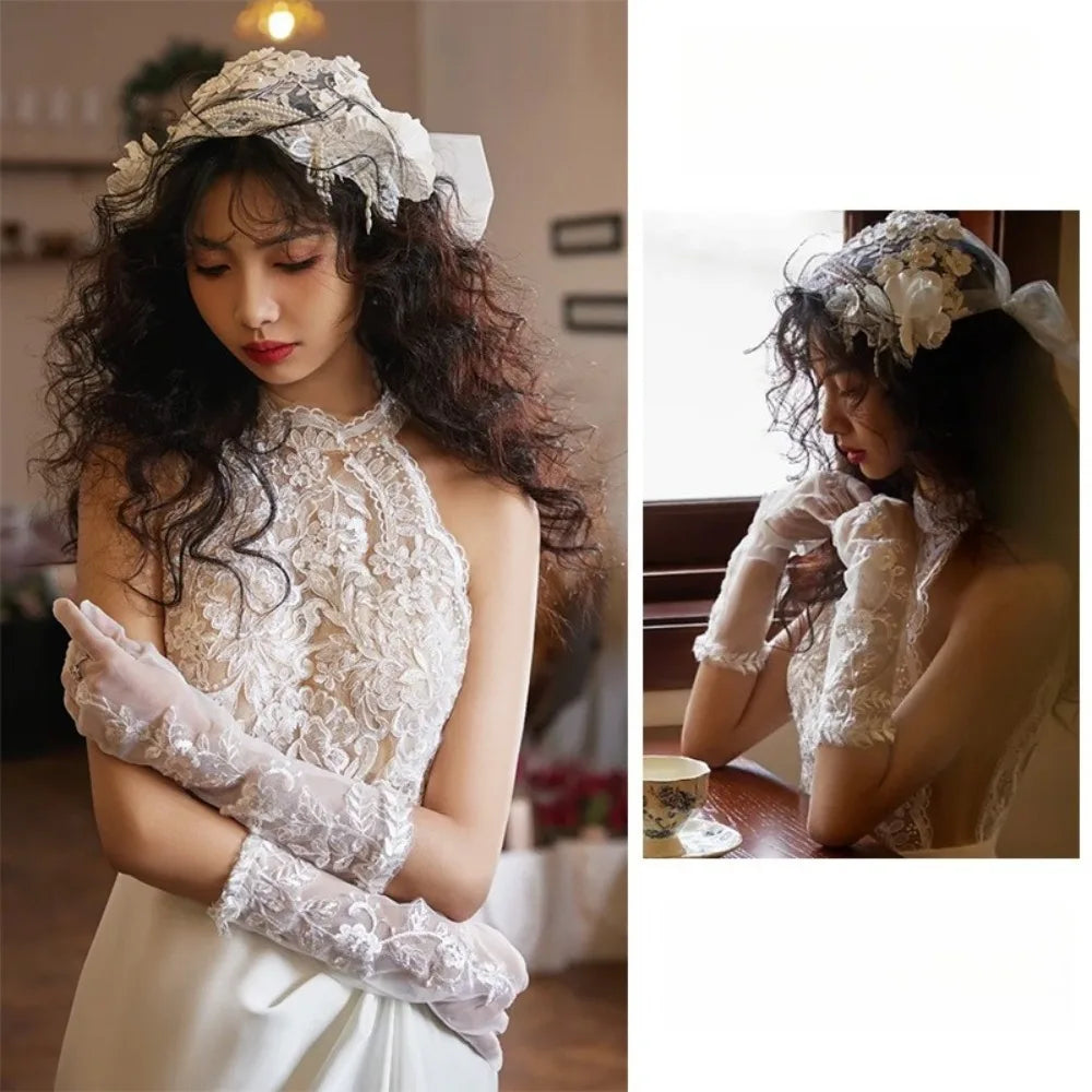 French Vintage Lace Bridal Gloves Wheat Edge Design White Gloves Wedding Accessories Women's Gloves Versatile for Wedding Props