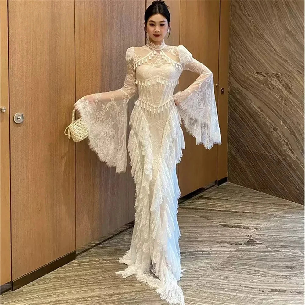 Tokyo Vintage Lace Bell Sleeve Wedding Dress High Neck Mermaid Bridal Gown Elegant Fringe Tassel Formal Evening Reception Gowns