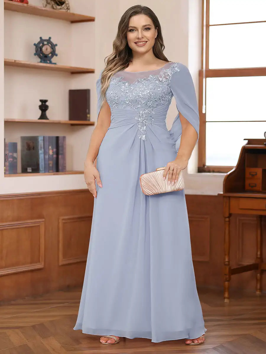 Plus Size Mother of the Bride Dress for Women Lace Applique Pleated Scoop Chiffon Formal Wedding Guest Party Dresses