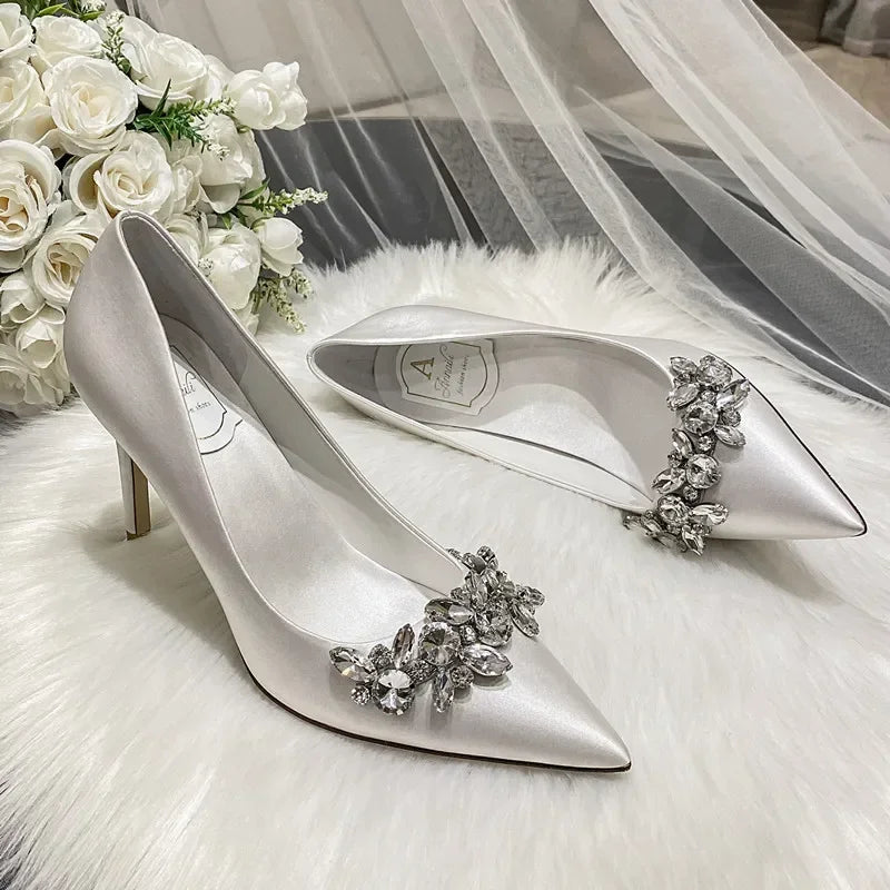 New White Champagne Women Bridal Wedding Shoes Faux Silk Satin Rhinestone Crystal Shallow Pumps Stiletto High Heel