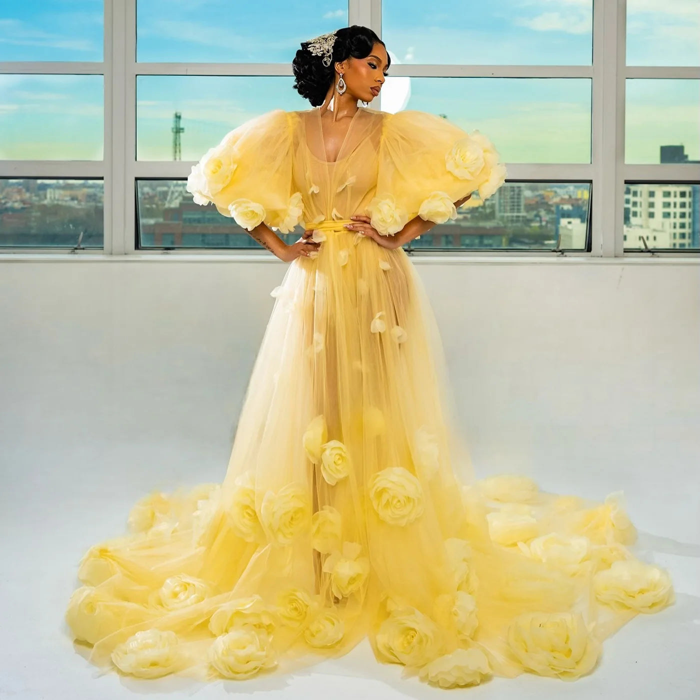 Dreamy Yellow Floral Bridal Robe Puffy Sleeve 3D Flower Tulle African Evening Gown Bride Dress Photoshoot Women Outfits Custom