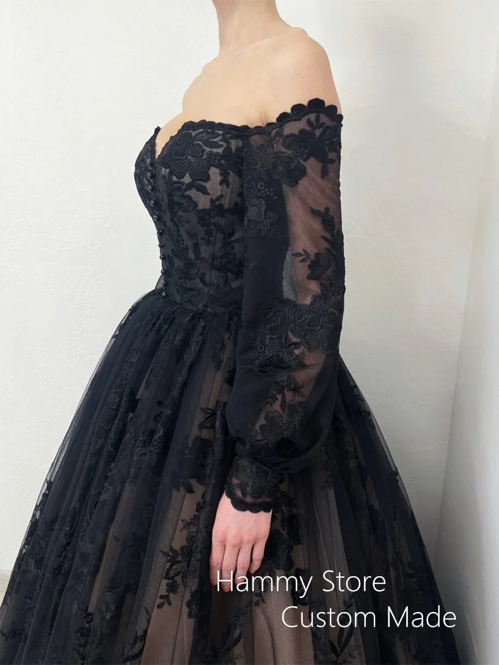 Romantic Gothic Wedding Dress Woman Puff Sleeves Sweetheart Applique Floor Length Corset Black Bridal Gown Vestido De Noiva